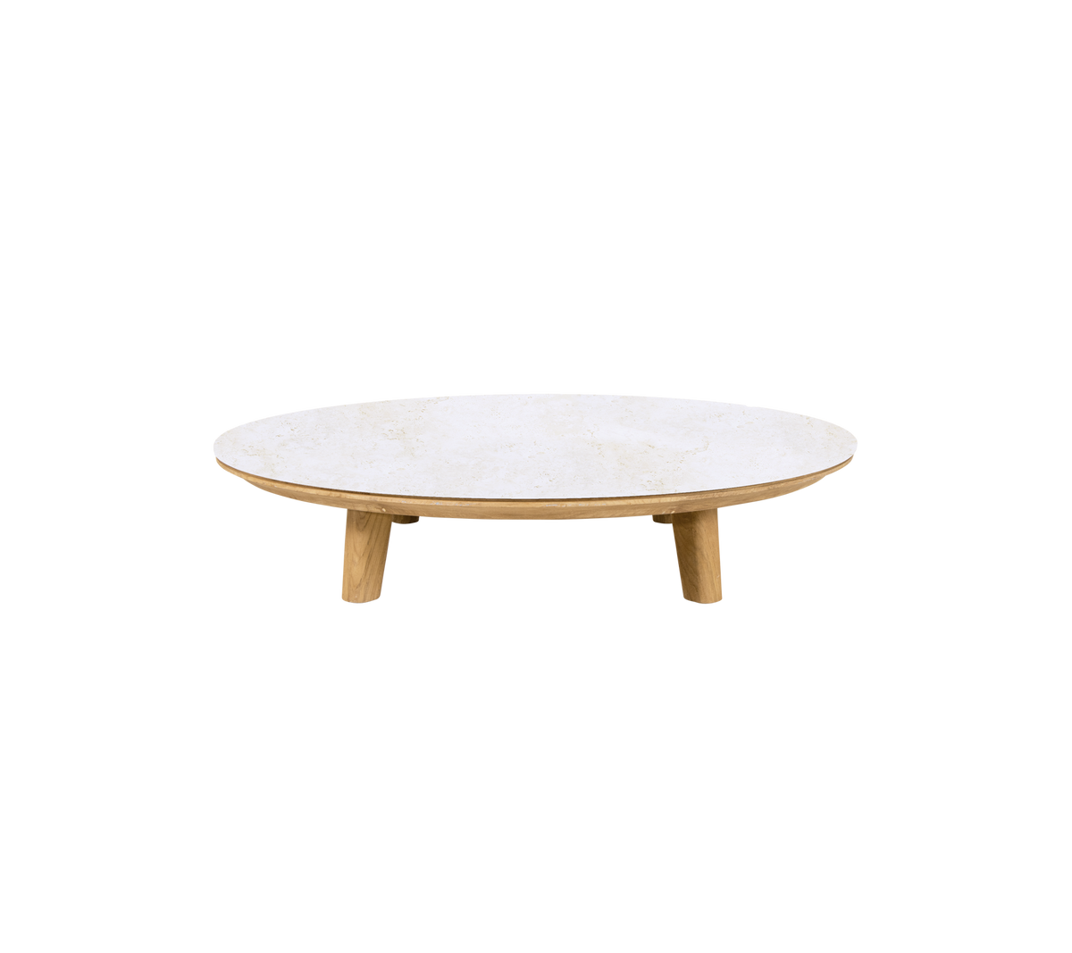Round travertine table with teak legs.