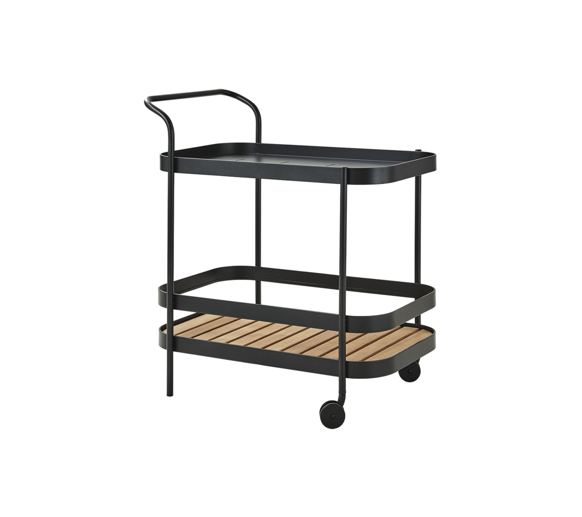 A stylish two-tiered serving cart with a black tray and wooden shelves, featuring a handle and wheels for easy mobility.