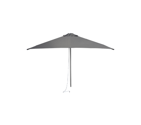 A sleek, grey umbrella with a triangular canopy design and a sturdy support pole, featuring a pull cord for easy adjustment.