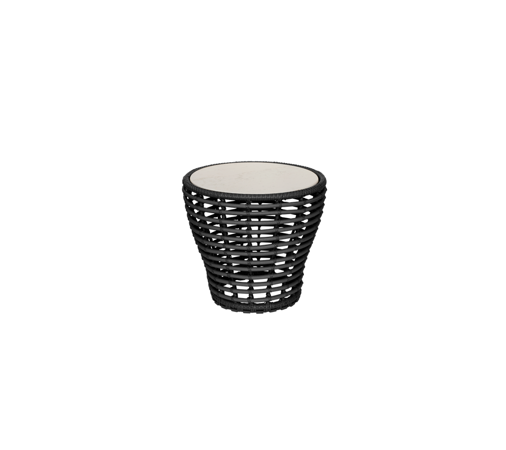 Black, woven seating piece with a circular top, featuring a modern design and a stylish appearance.