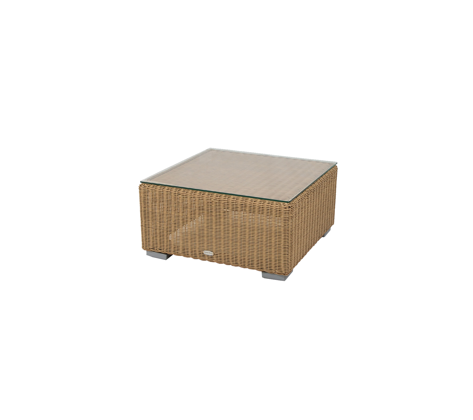 Square coffee table with a woven design and a glass top, ideal for stylish decor in various settings.