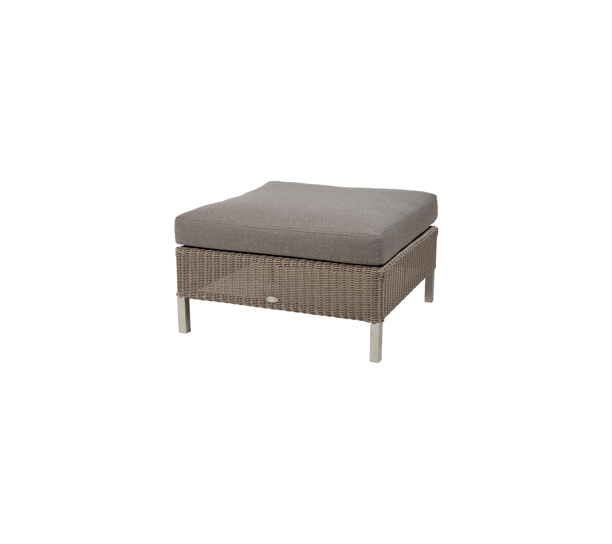 Stylish square ottoman with a soft gray cushion and woven base, ideal for adding comfort and elegance to any seating area.