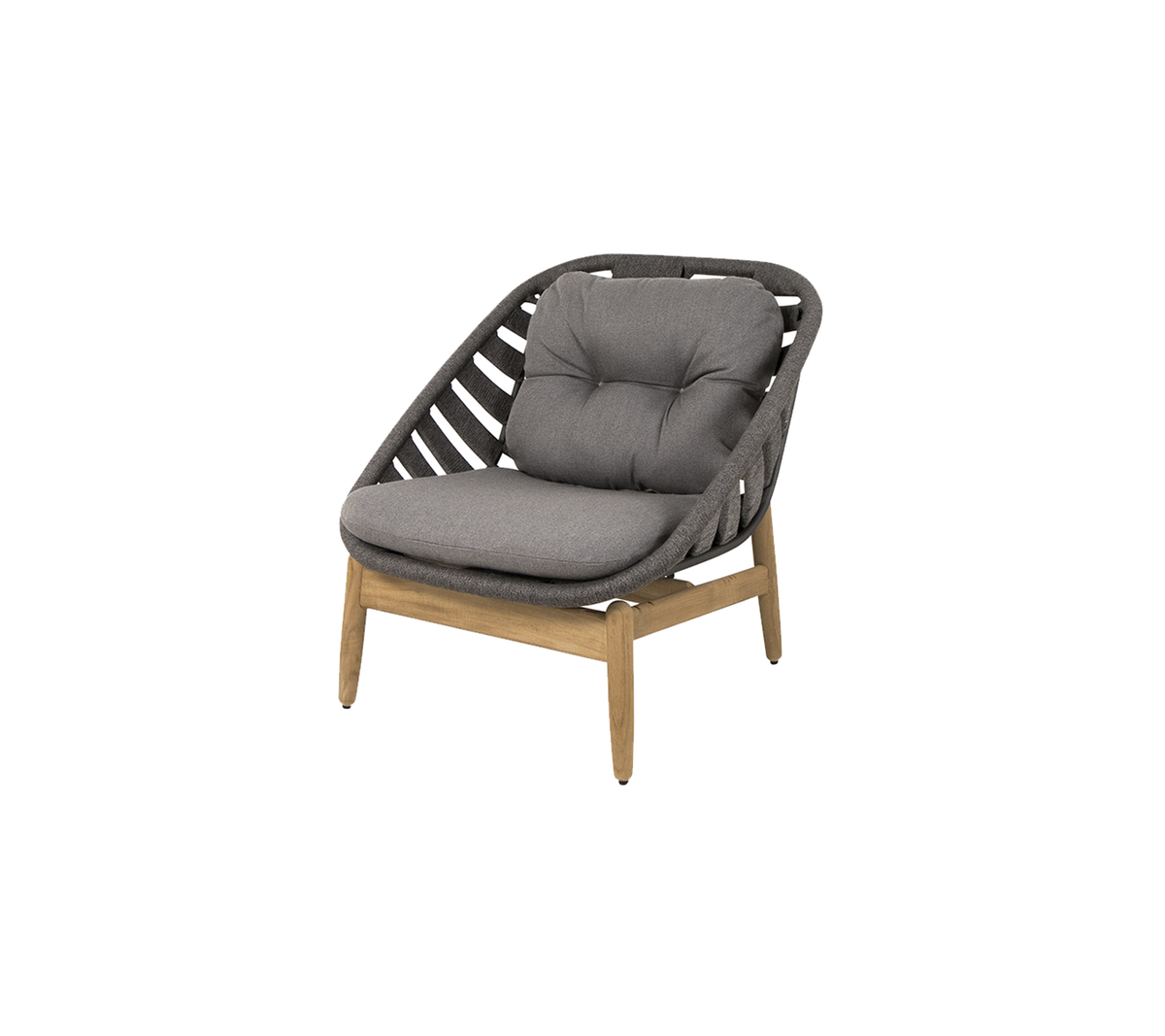 Stylish chair with a cushioned seat in gray and a wooden frame, featuring a unique woven design for modern decor.