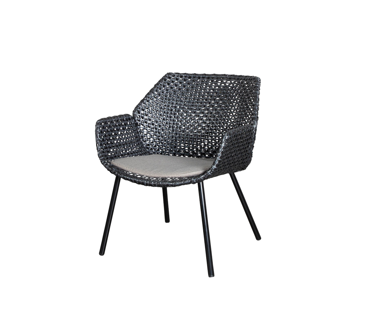 Stylish woven armchair with a cushioned seat, featuring sleek metal legs and a modern design, perfect for contemporary settings.