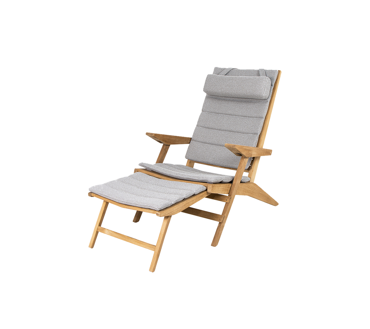 A comfortable wooden chair with a grey cushioned seat and backrest, featuring a reclining design and a matching footrest.