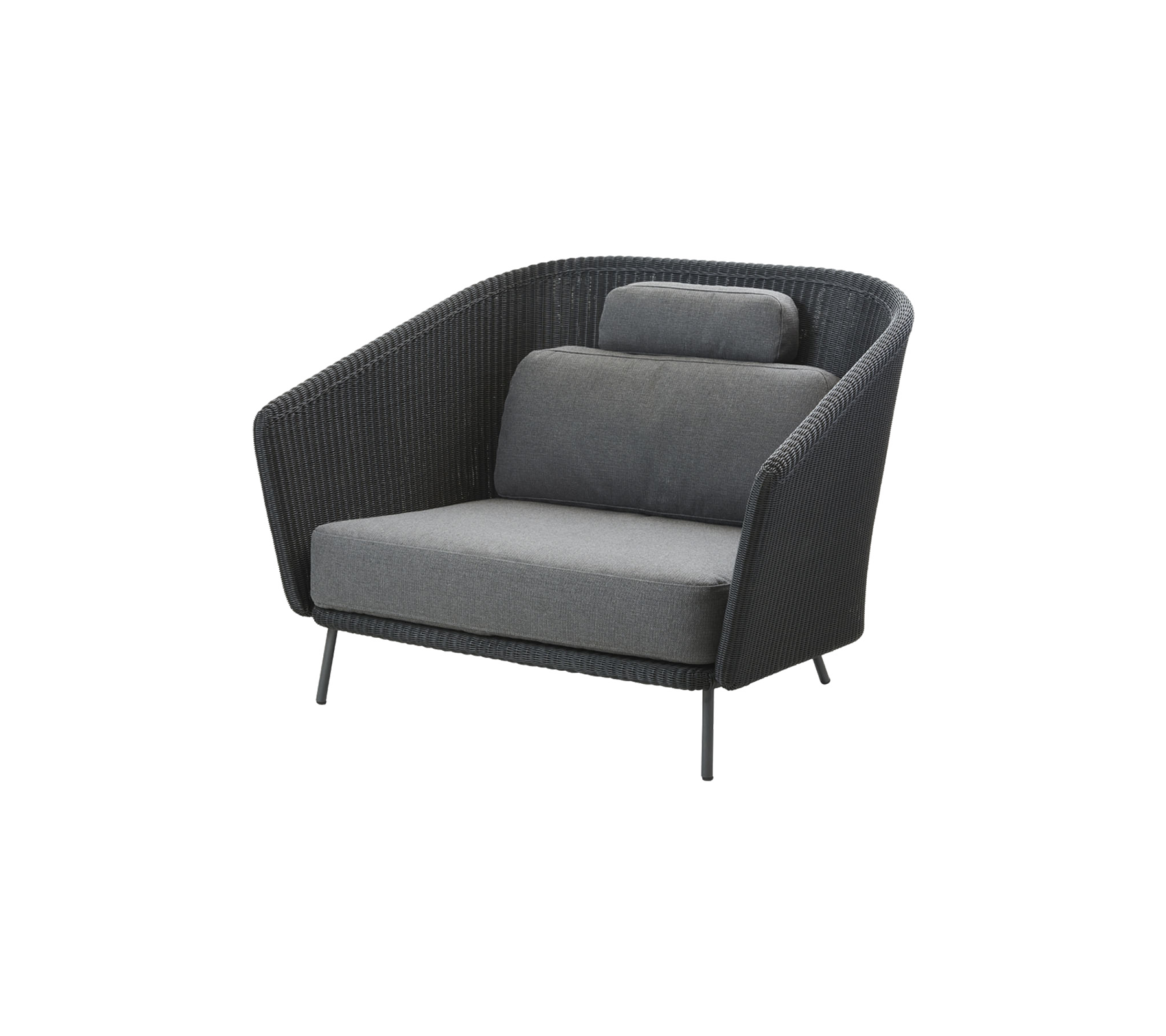 Stylish modern armchair featuring a curved design, dark wicker frame, and plush gray cushions for comfort.