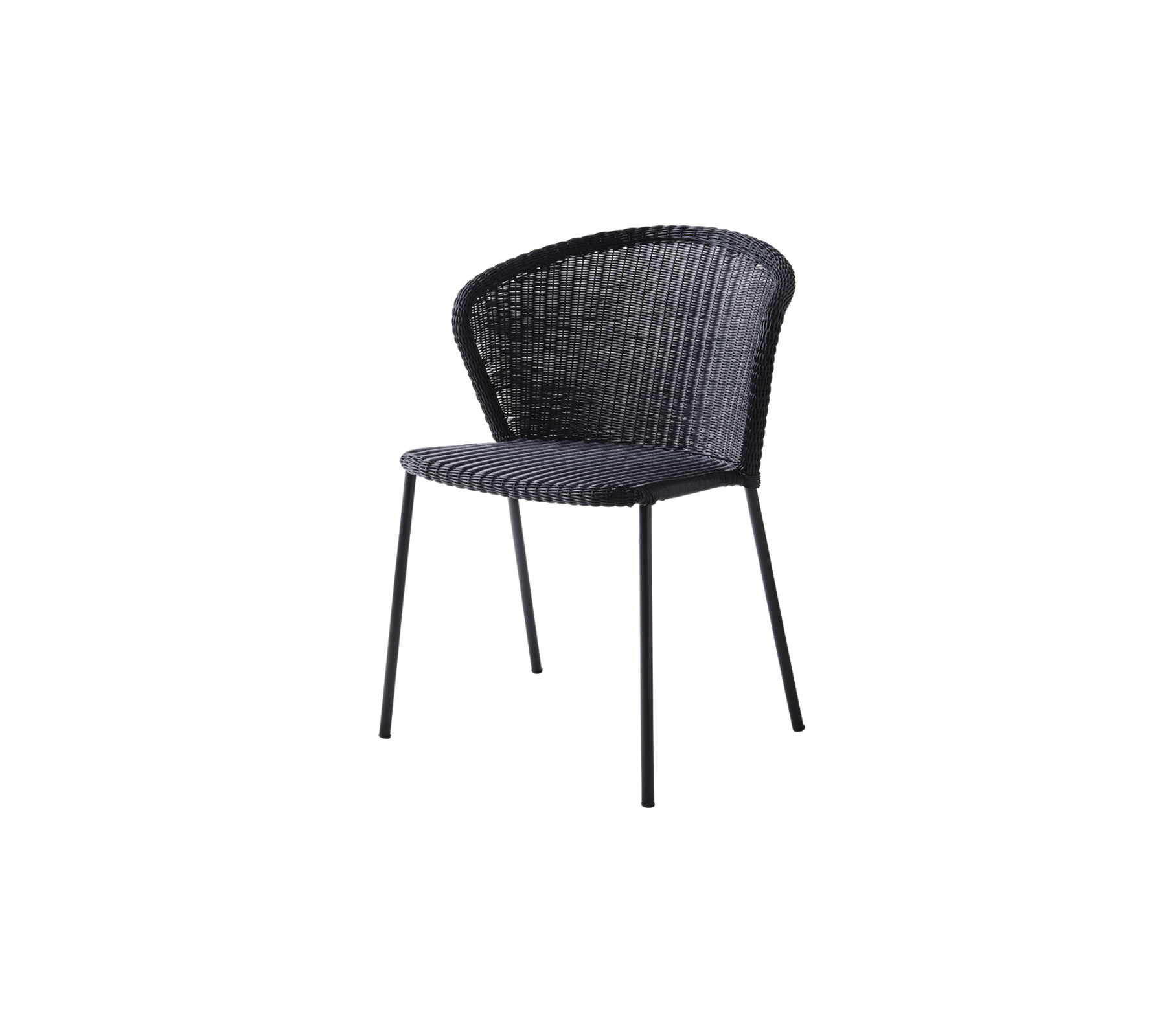 Stylish black woven chair with a curved back and slender metal legs, perfect for modern or contemporary settings.