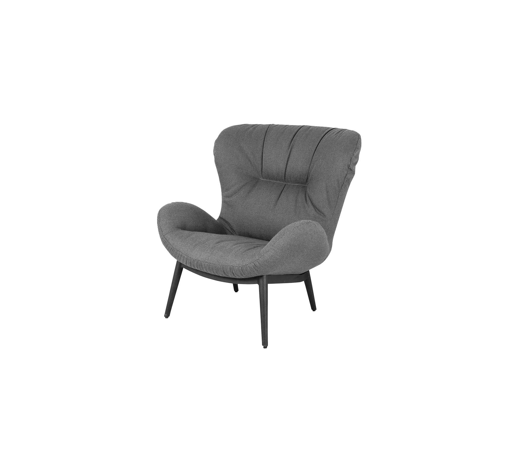Cozy gray accent chair with a plush, curvy design and four slender legs, adding a modern touch to any space.