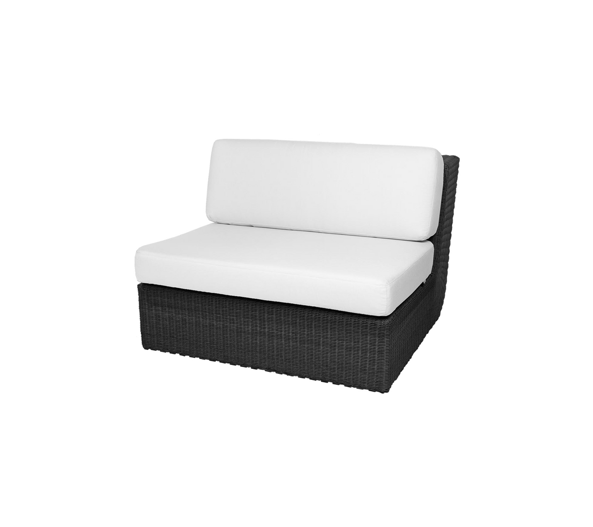 Black wicker lounge chair with a white cushion, designed for comfort and style in relaxation spaces.