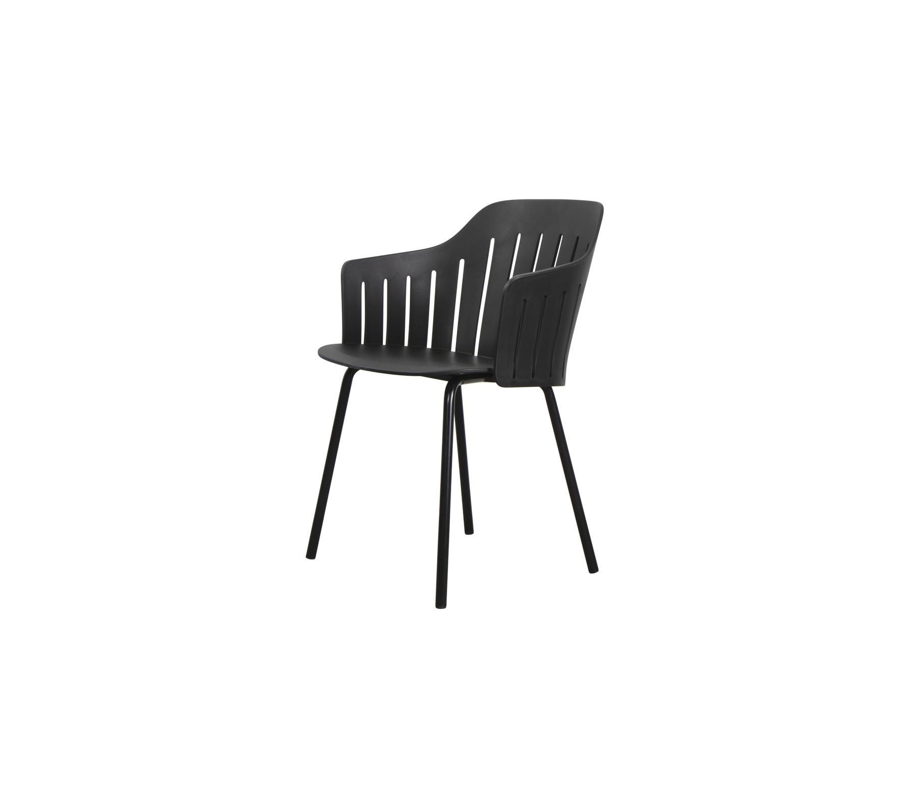Stylish black chair featuring a curved backrest and sturdy legs, ideal for modern spaces and versatile use.