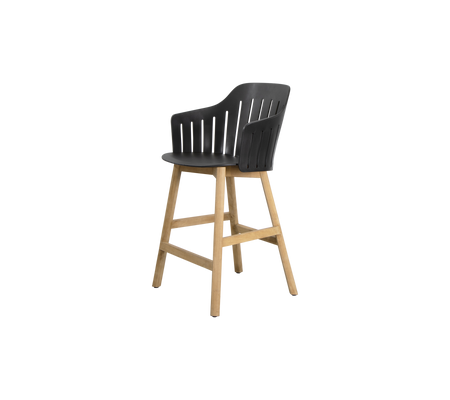 Stylish high chair with a sleek black seat and natural wood legs, offering a modern and comfortable seating option.
