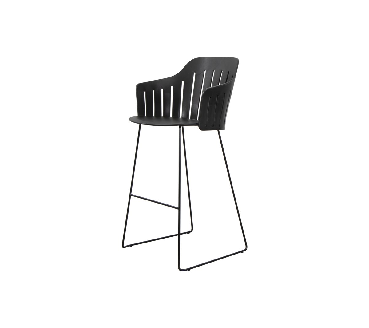Black bar stool with a curved backrest and slender metal legs, designed for both style and comfort.