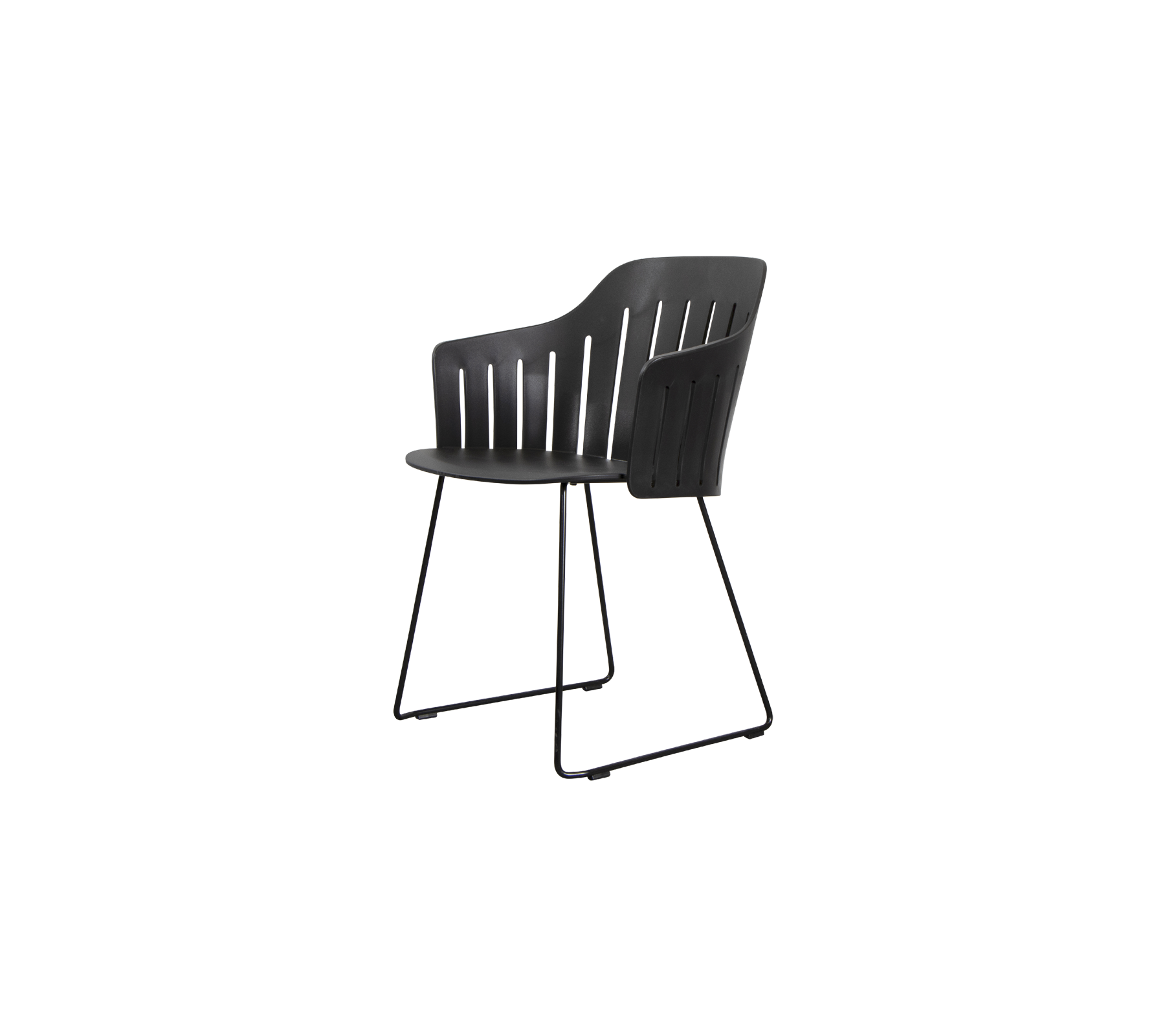 Modern black chair with a curved backrest and a sleek design, supported by a minimalist metal frame. Perfect for various settings.