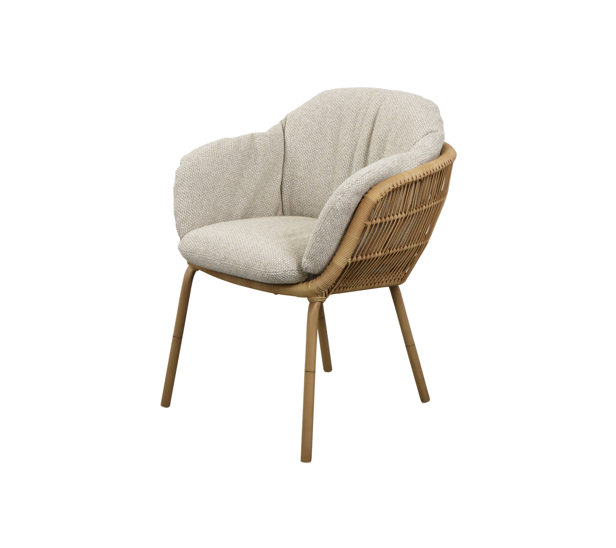 Stylish curved chair with a woven frame and soft fabric upholstery, offering comfort and a modern aesthetic.