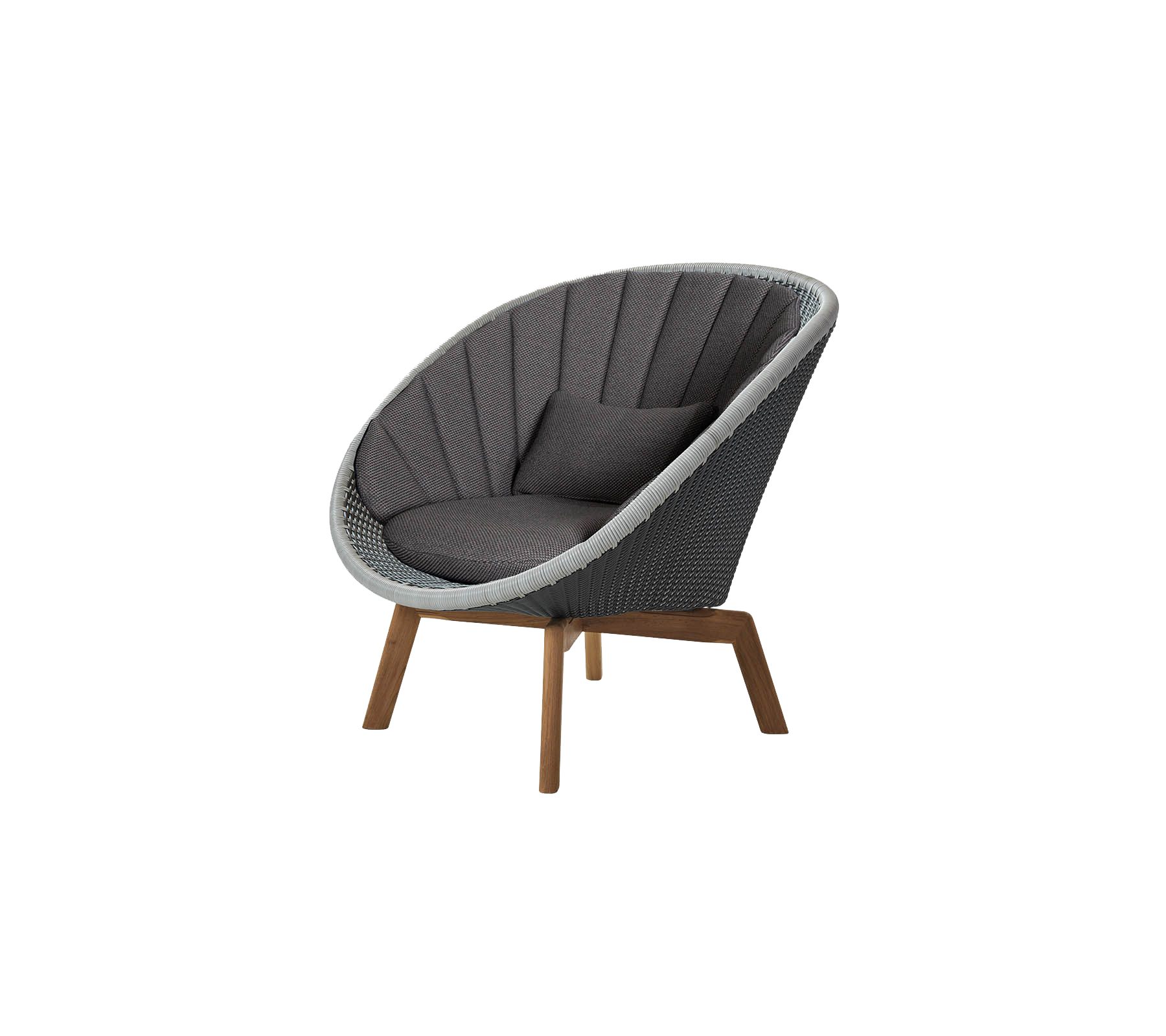 Curved chair with a sleek design, featuring a gray cushioned seat and wooden legs, providing a modern and comfortable seating option.