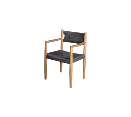 Stylish chair with a wooden frame and dark fabric upholstery, featuring armrests and a contemporary design.