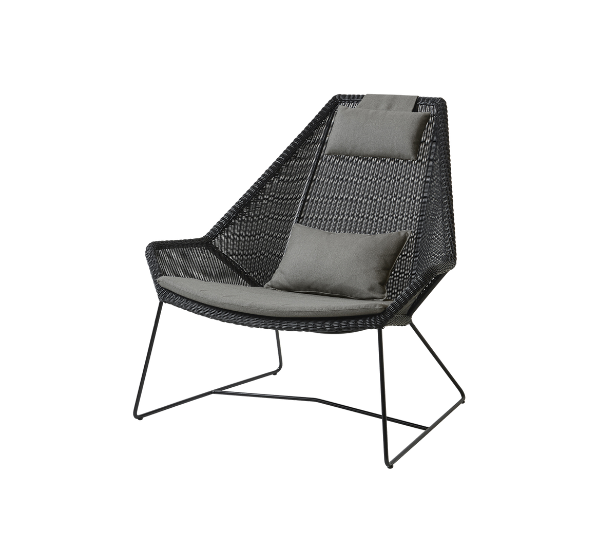 Stylish chair with a woven design and comfortable gray cushions, featuring sleek metal legs for modern decor.