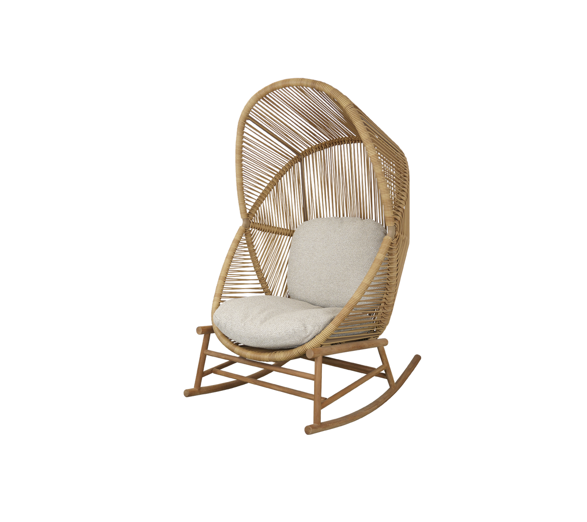 A stylish rocking chair featuring a woven design and a soft cushion, perfect for cozy relaxation.