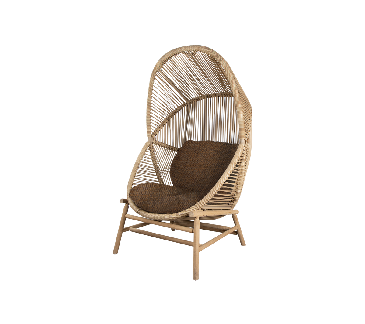 Stylish rattan chair with a high curved back and plush brown cushion, perfect for relaxation and enhancing any space.
