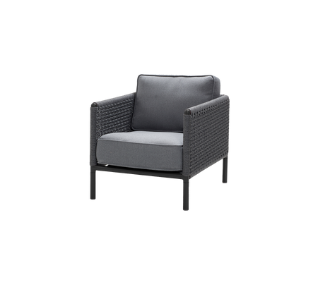 Stylish chair featuring a grey cushion and woven texture, designed for comfort and modern aesthetics. Ideal for various settings.
