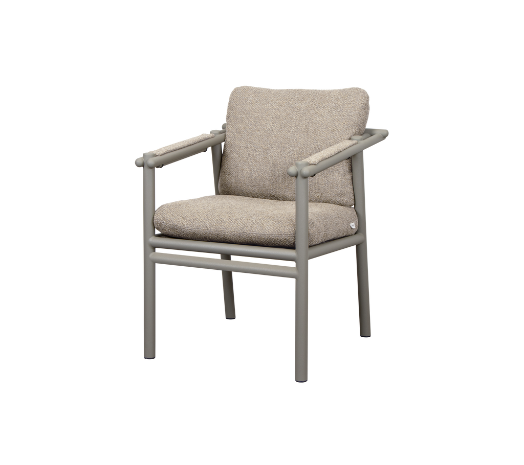 A modern armchair with a light gray frame and a comfortable beige cushion, suitable for indoor or outdoor use.