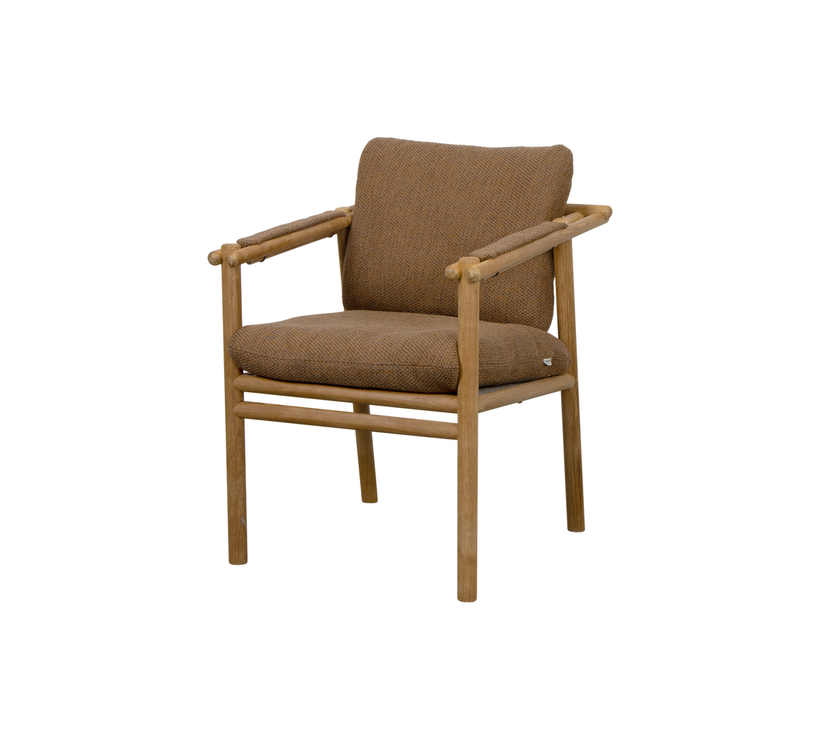 Brown upholstered chair with wooden armrests and a minimalist design, suitable for various settings.