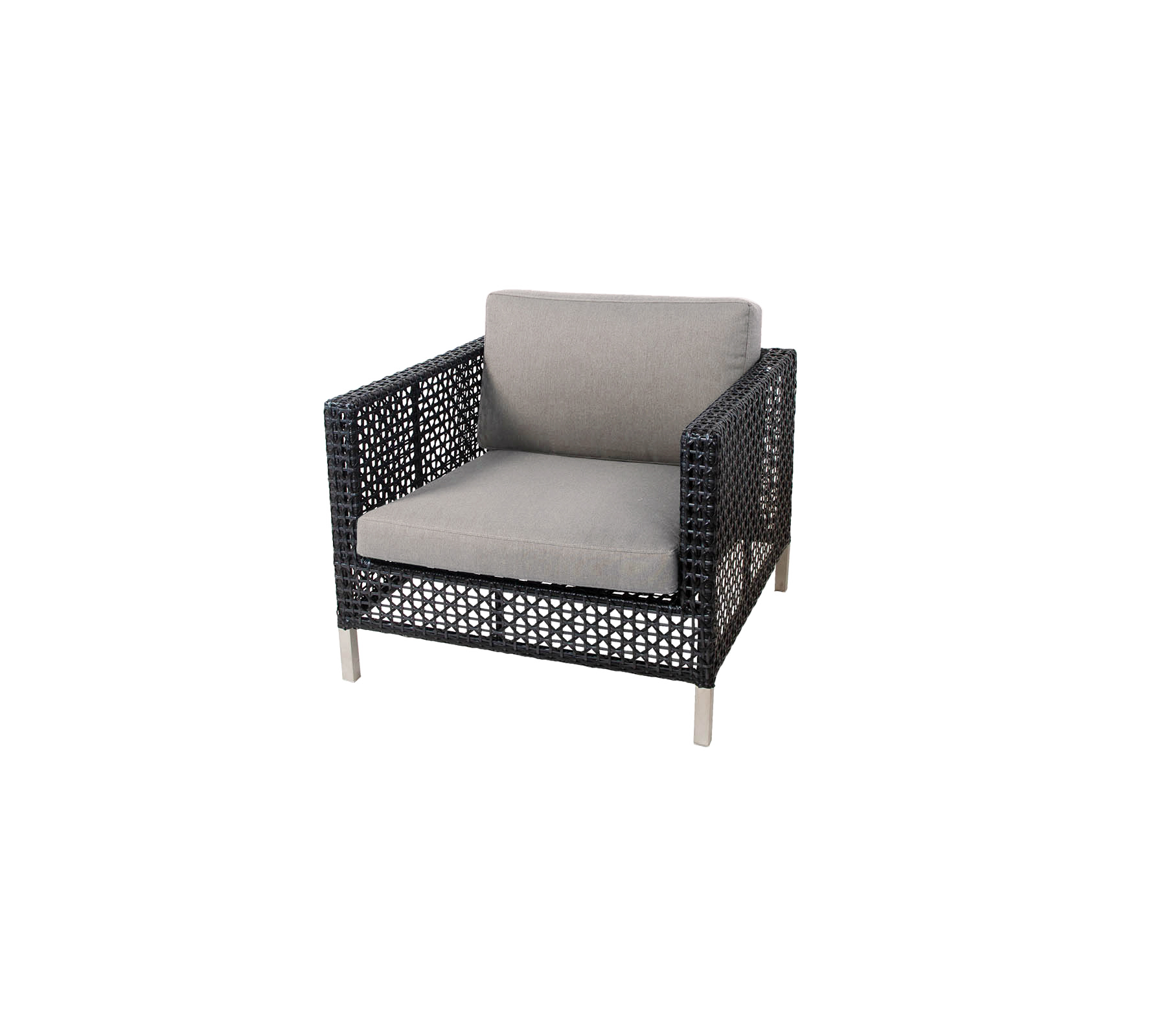 Stylish armchair featuring a woven structure and a comfortable light gray cushion, perfect for modern seating arrangements.