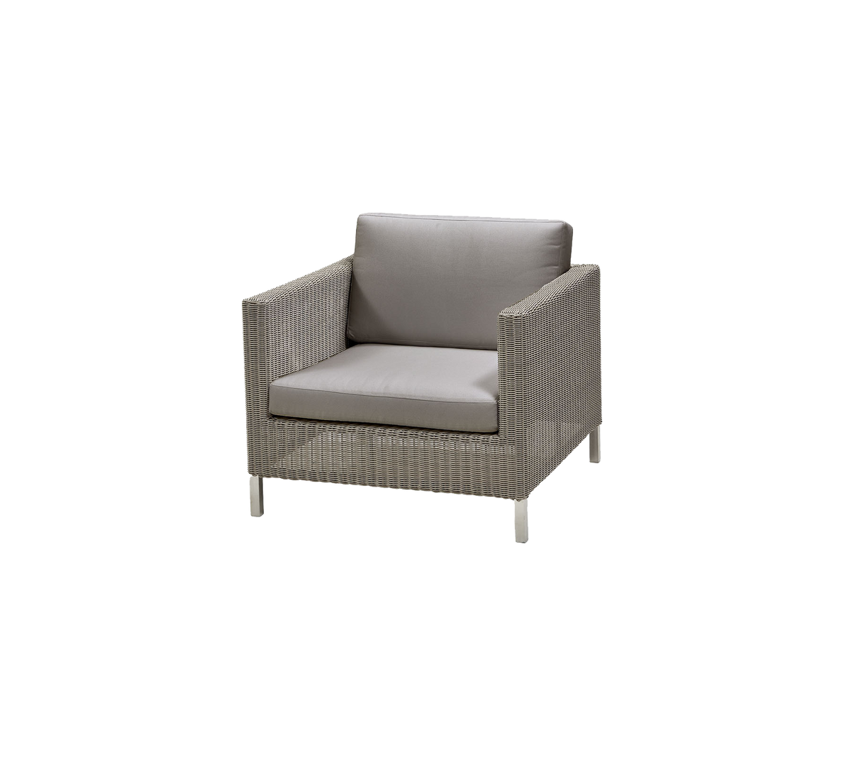 Stylish, modern chair featuring a woven design with a comfortable gray cushion, perfect for relaxation and outdoor seating.