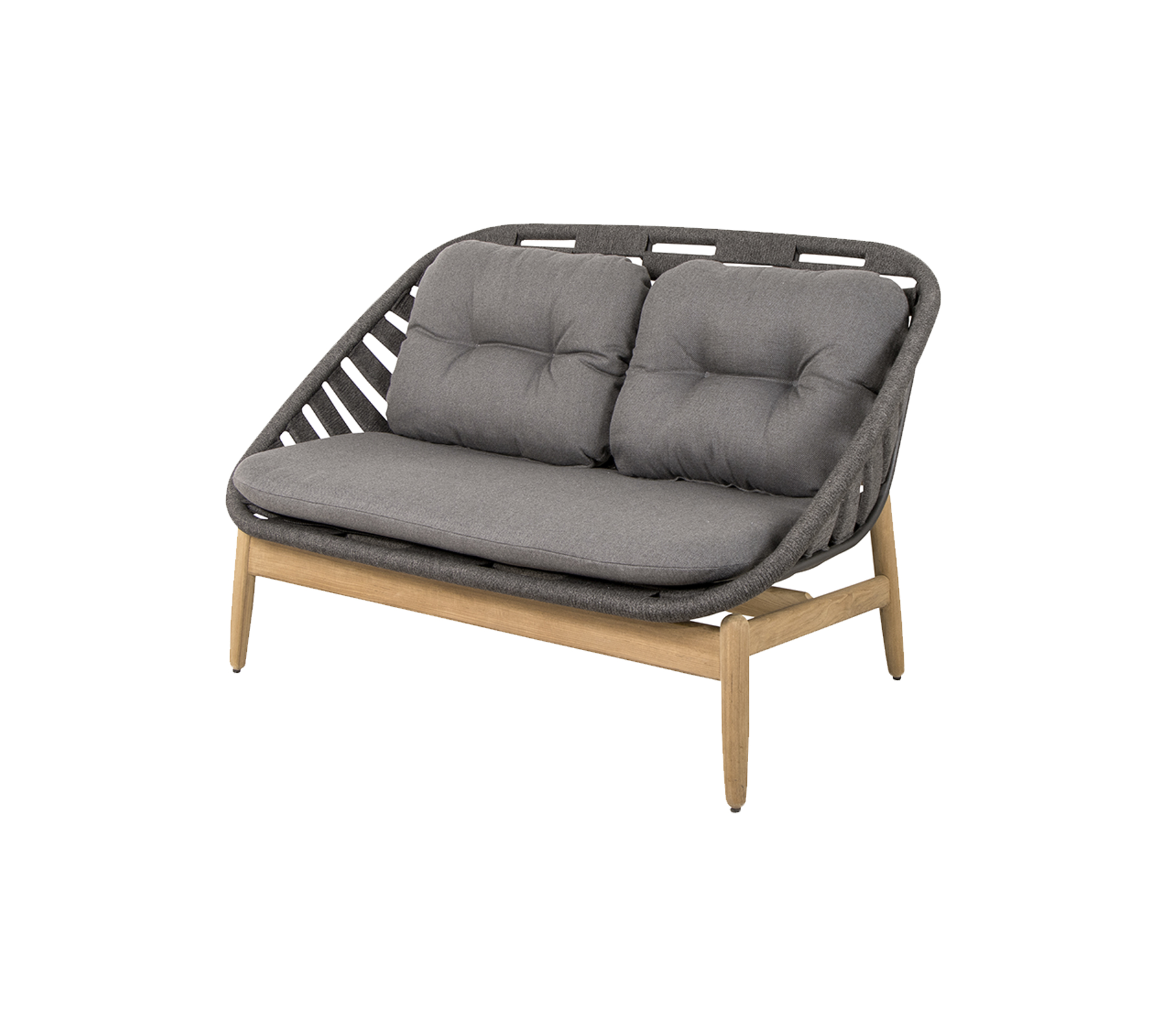 Two-seater sofa with a gray cushioned seat and a stylish woven backrest, supported by wooden legs. Ideal for modern decor.