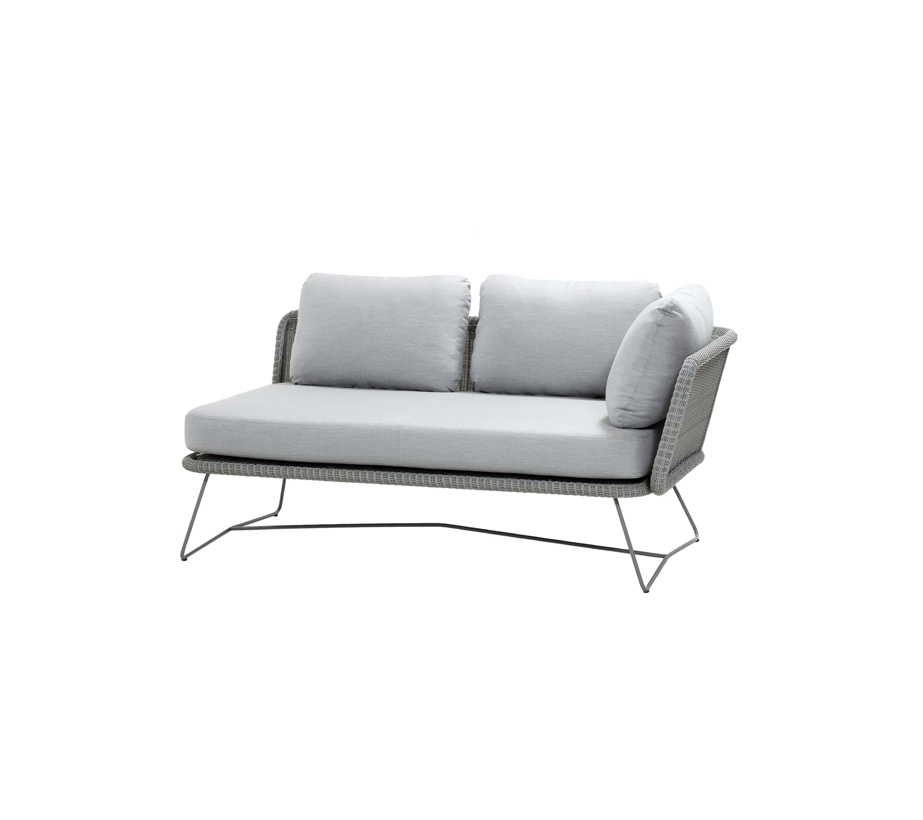 Stylish two-seater sofa with gray cushions and a sleek metal frame, designed for comfort and modern aesthetics.