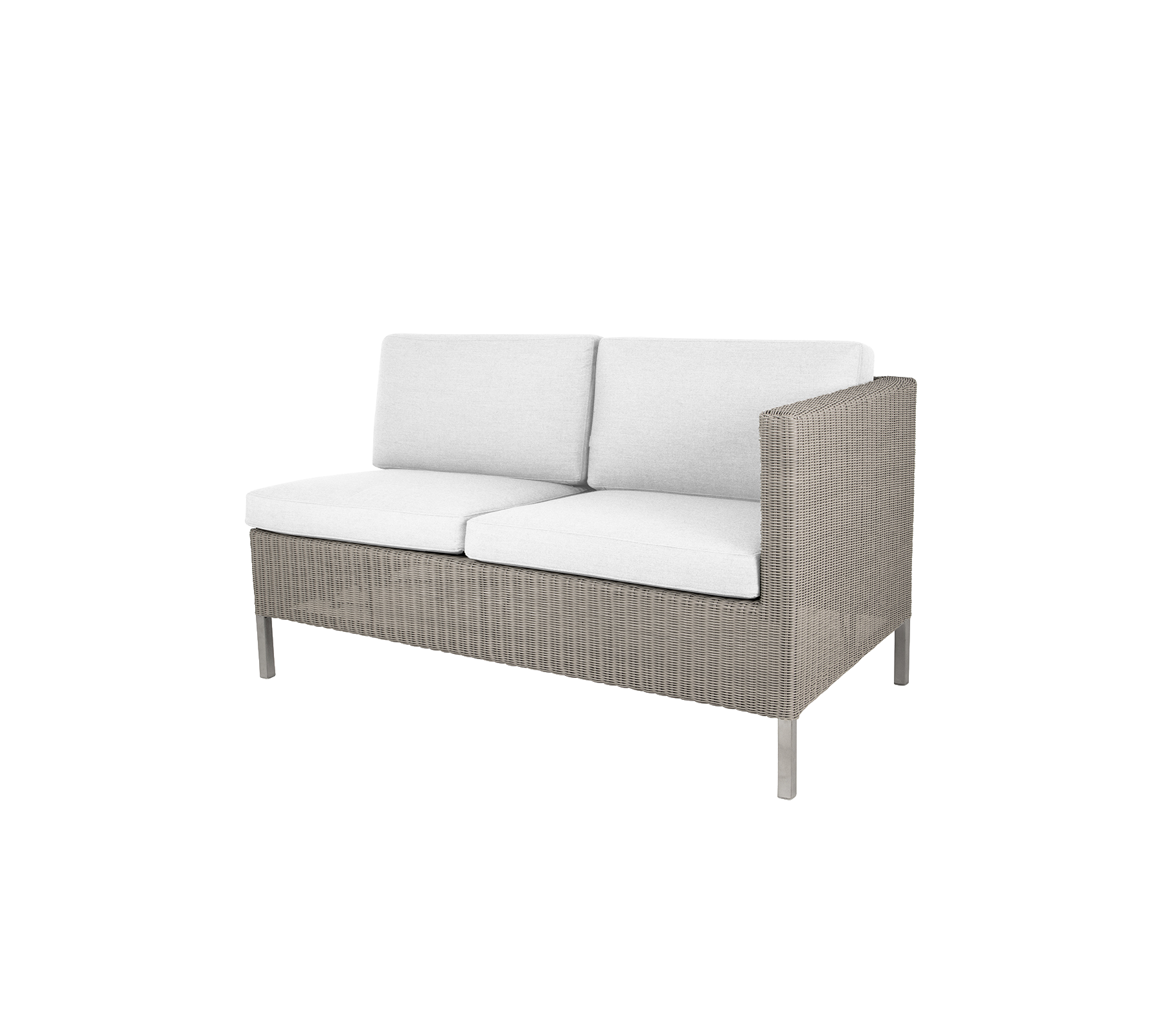 Comfortable two-seat sofa with a modern design, featuring soft white cushions and a stylish woven frame. Ideal for relaxation.