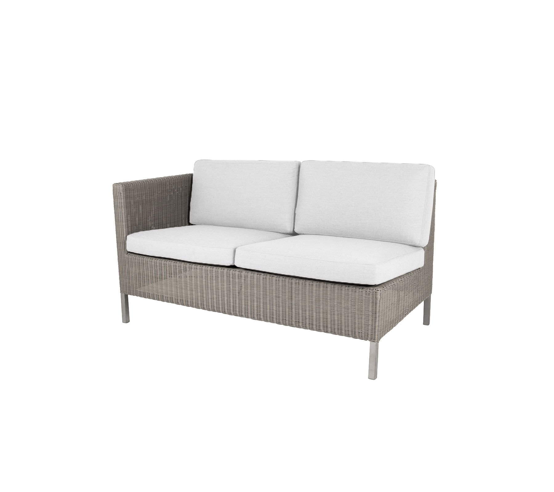 Gray wicker loveseat with plush white cushions, designed for comfort and style in casual seating areas.
