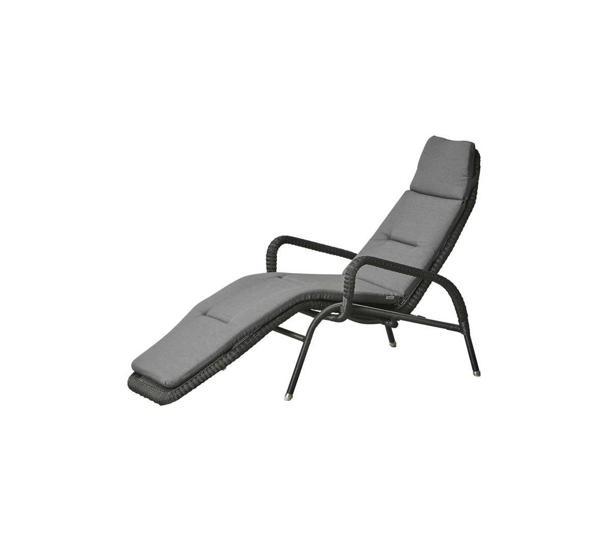 A sleek, modern reclining chair with a curved design and cushioned seat in a neutral gray color, featuring sturdy arms and legs.