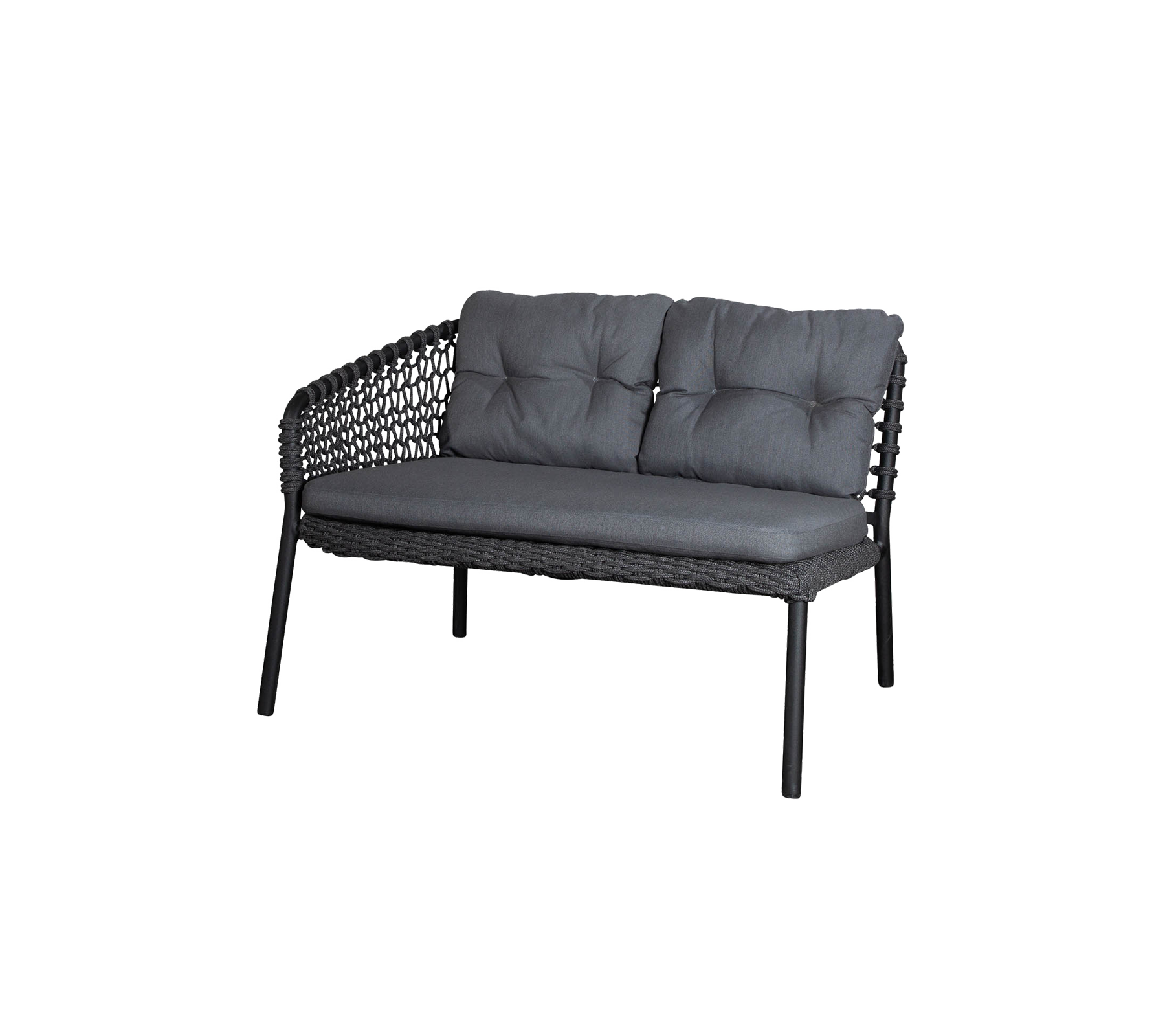 Stylish two-seater sofa with a woven frame and plush cushioned seating in a sleek gray color. Perfect for modern decor.