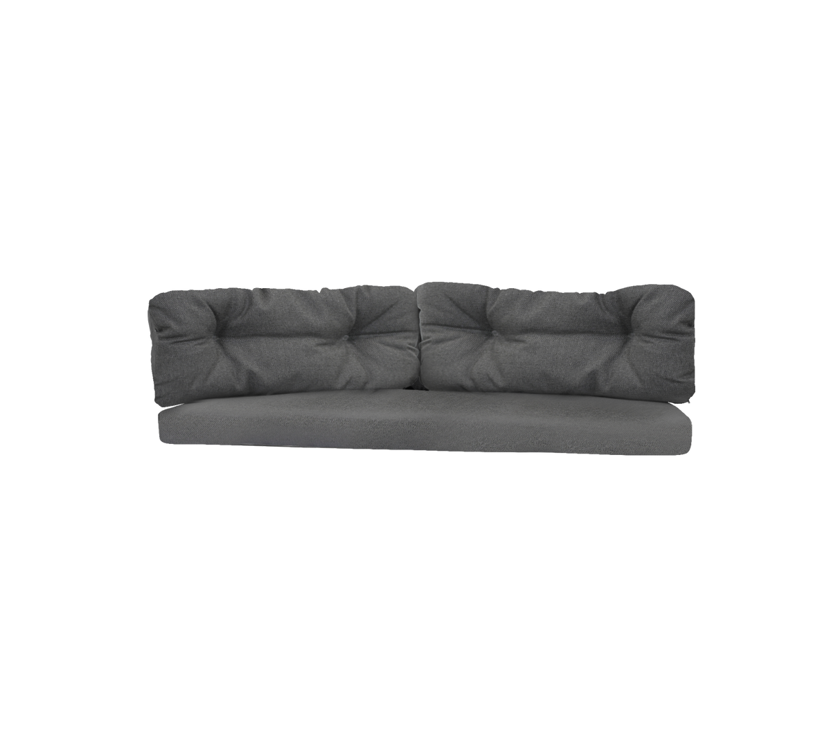 Dark gray sofa with tufted cushions, featuring a modern design and spacious seating for comfortable relaxation.