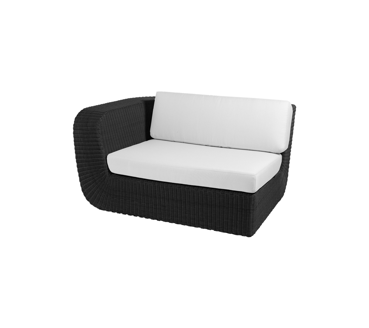 Modern black wicker loveseat with white cushions, perfect for cozy seating and stylish outdoor or indoor decor.