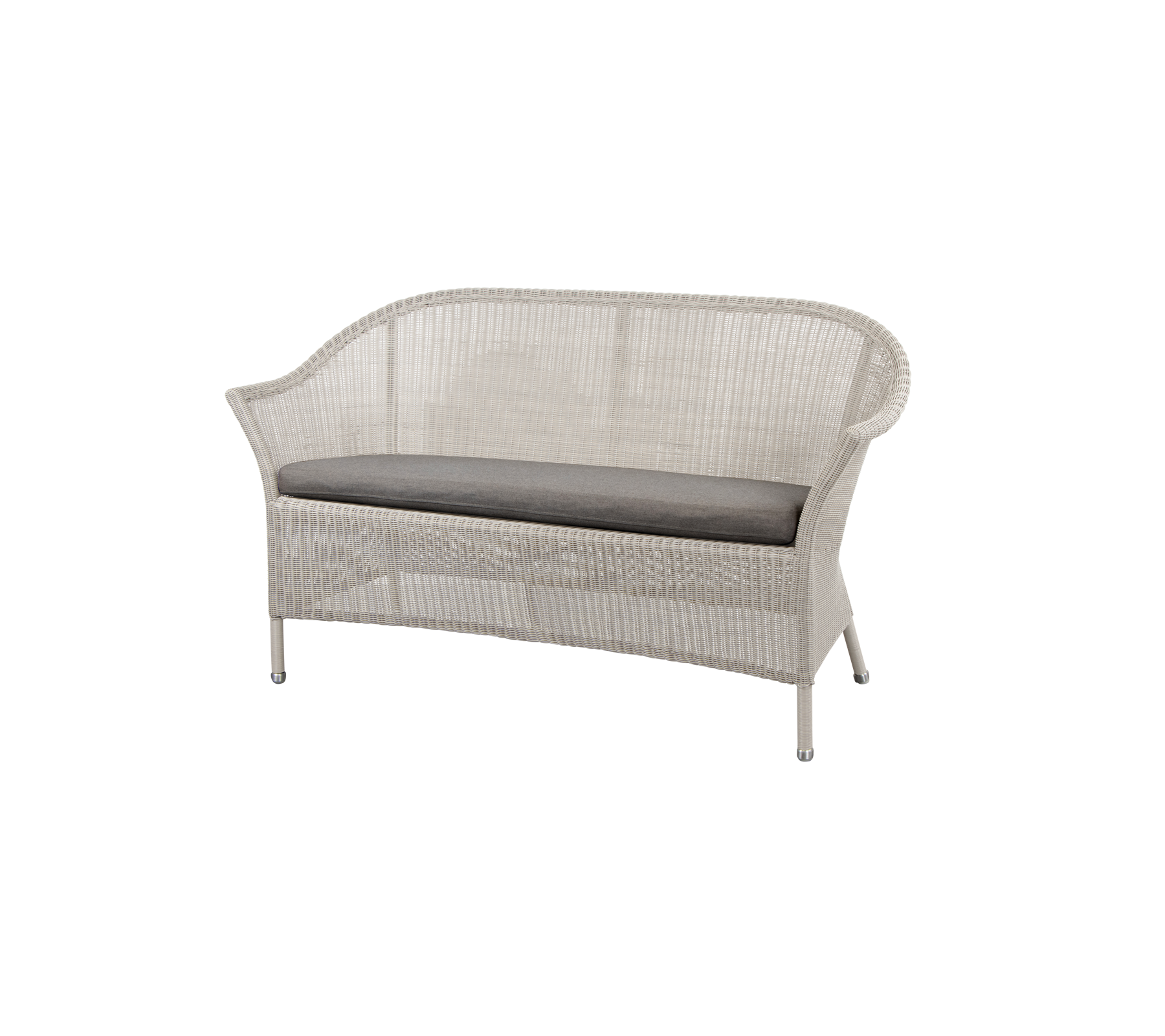 Elegant woven loveseat with a soft gray cushion, designed for comfort and style in any seating arrangement.