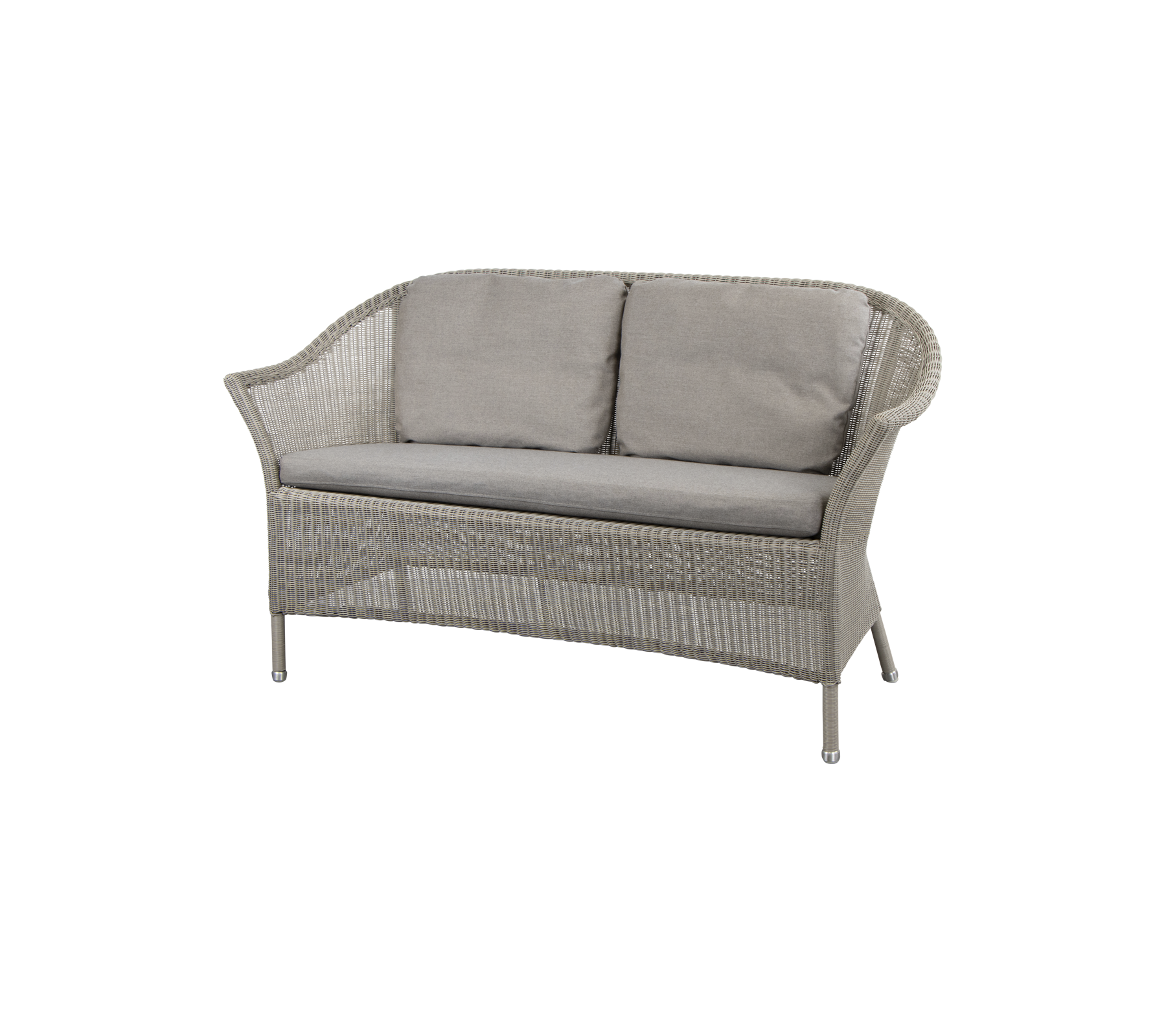 Cozy two-seat sofa with light gray cushions and woven design, perfect for relaxation and stylish seating.