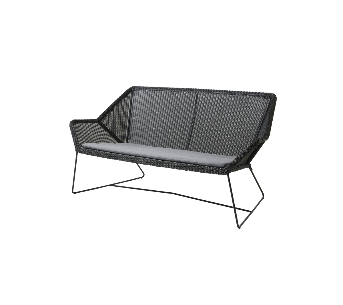 Stylish two-seater sofa with a woven design and comfortable grey cushion, featuring sleek metal legs for support.