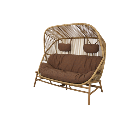 Stylish dual-seater with a curved bamboo frame, featuring cozy cushions and two padded armrests for added comfort.