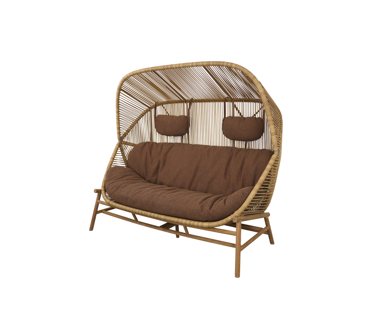 Stylish dual-seater with a curved bamboo frame, featuring cozy cushions and two padded armrests for added comfort.