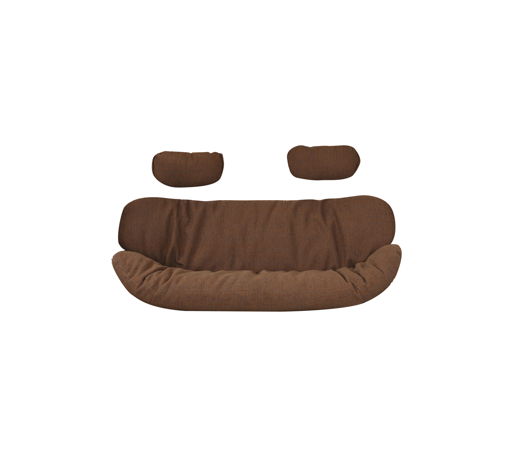Brown upholstered sofa with two matching cushions, featuring a curved, inviting design. Ideal for cozy seating.