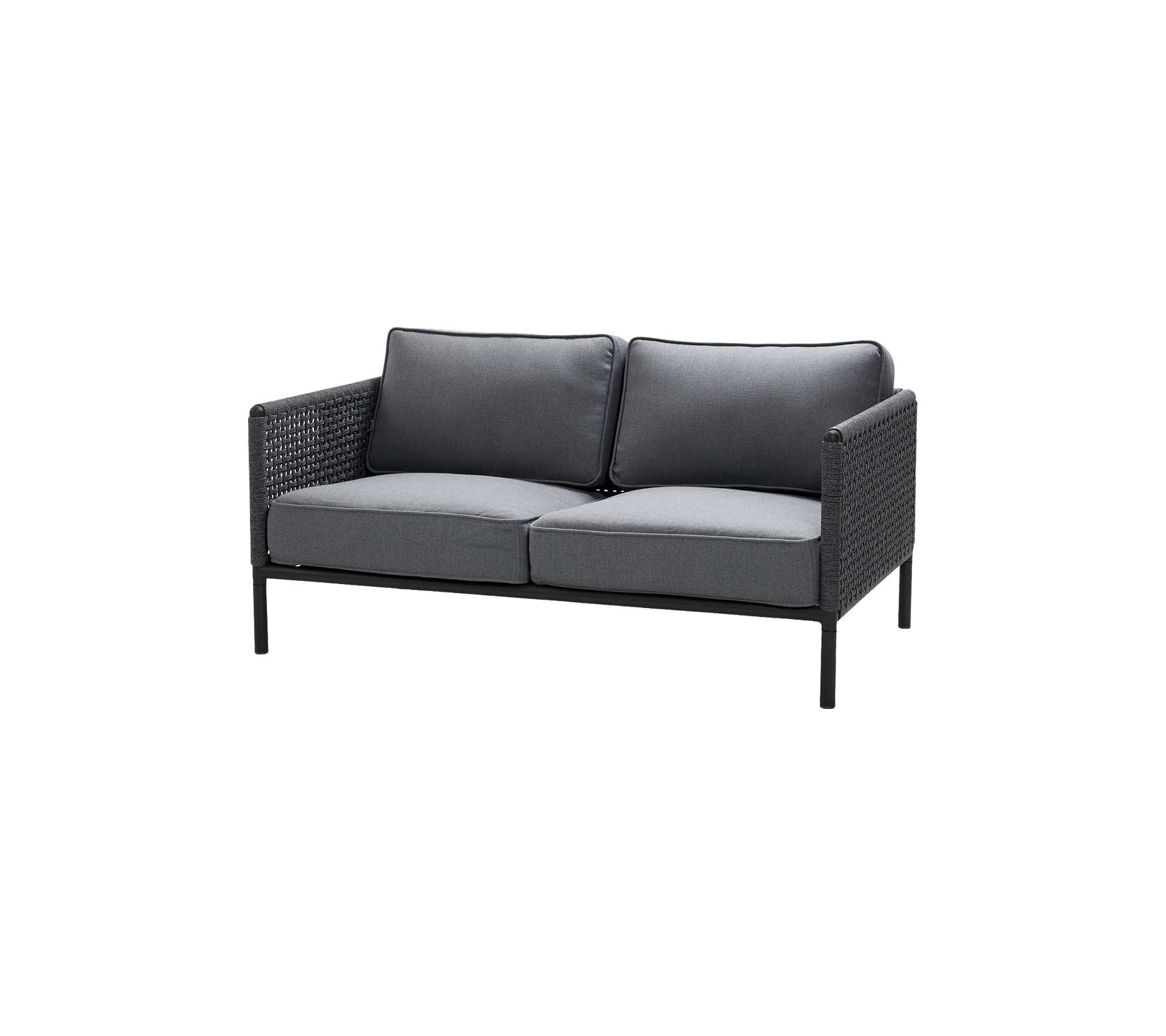 Two-seater sofa with a sleek black frame and dark gray cushions, designed for comfort and style. Perfect for casual seating areas.