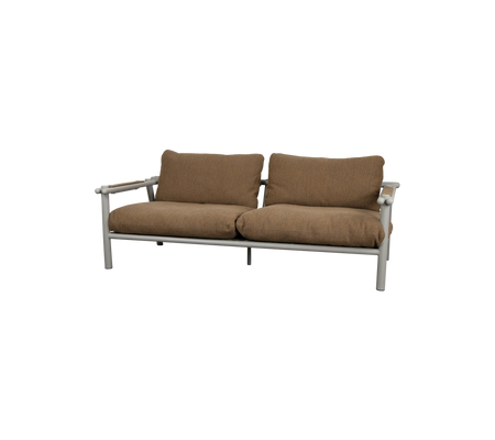 A comfortable two-seat sofa with plush brown cushions and a sleek metal frame, ideal for relaxation and style.