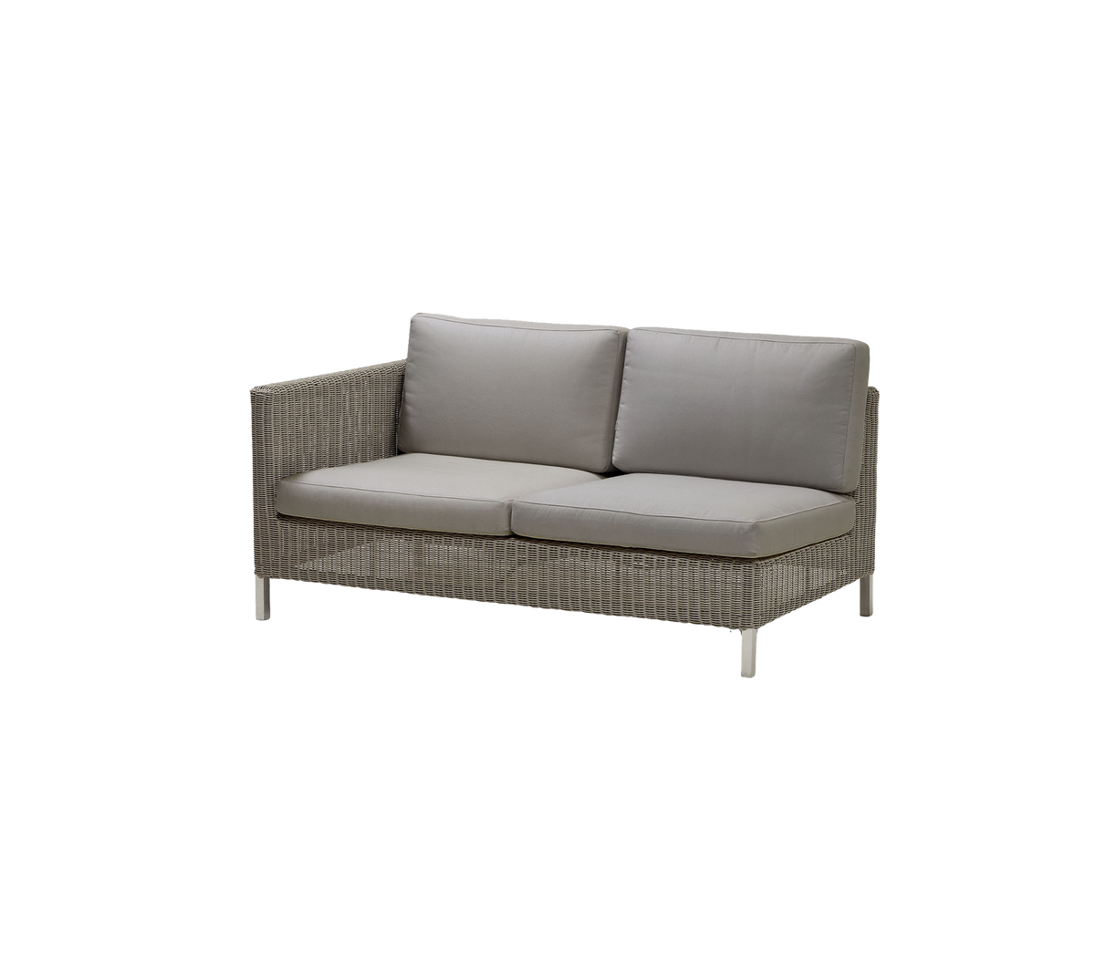 Stylish sofa with a woven frame and plush gray cushions, offering comfort and modern design for seating arrangements.