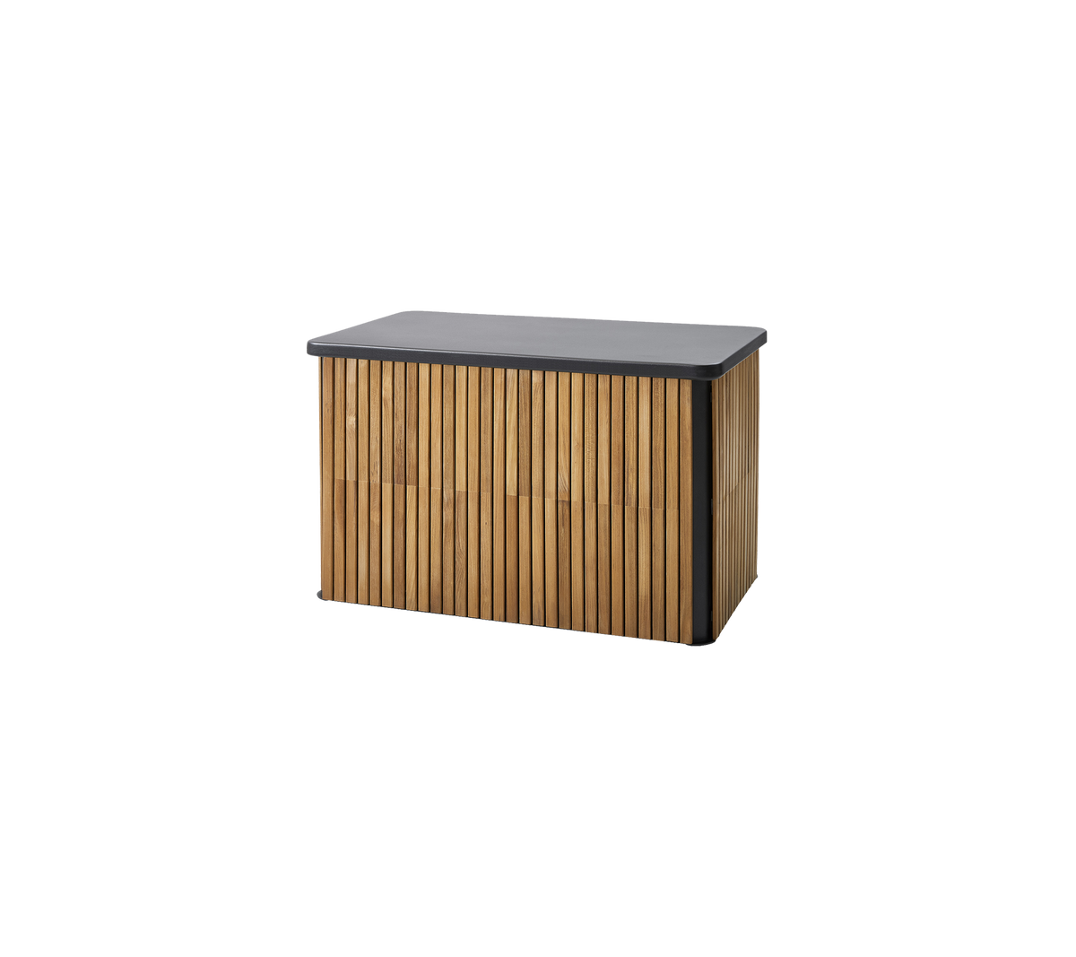 Wooden storage box with a slatted design and a smooth dark top, ideal for organization and style.