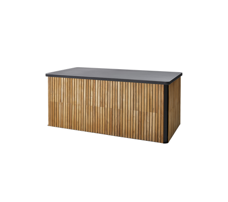 Stylish storage bench featuring a sleek dark top and a vertical slatted wood design for a modern aesthetic. Ideal for versatile use.