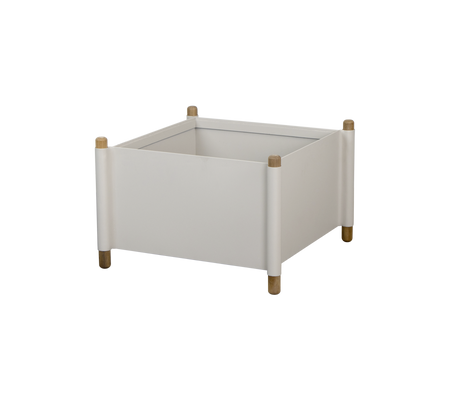 Square white storage box with wooden legs and rounded corners, suitable for organizing various items.