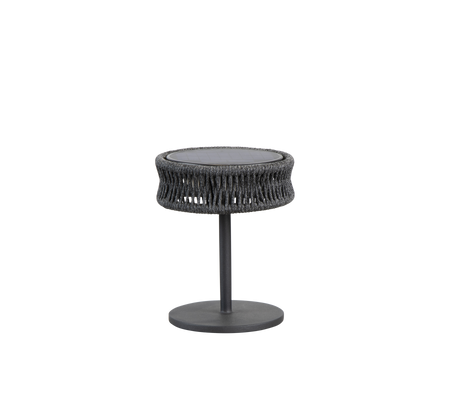 Round side table featuring a textured woven design with a sleek metal base, ideal for adding style to any space.