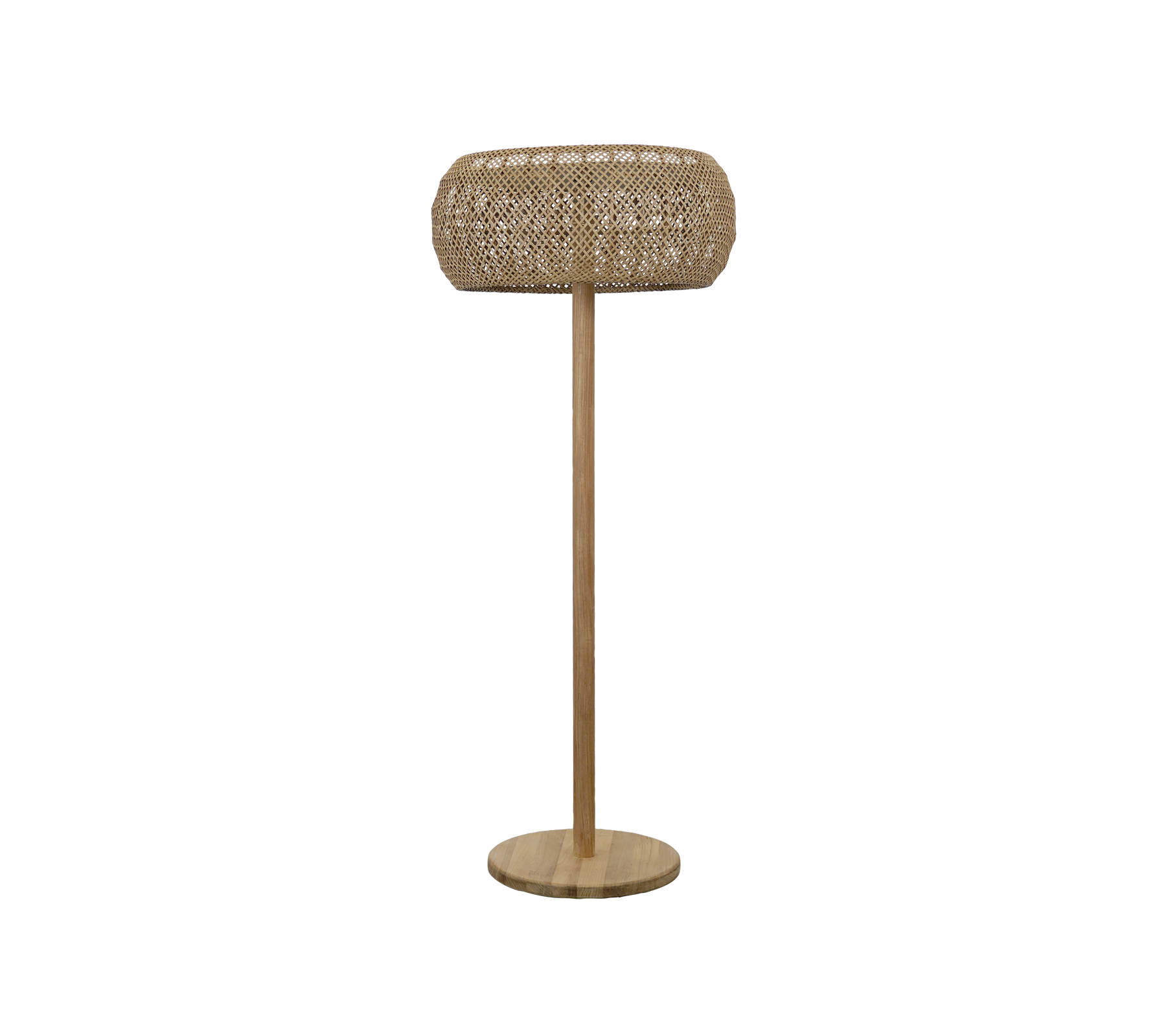 Natural lamp with a rounded shade and a wooden base.